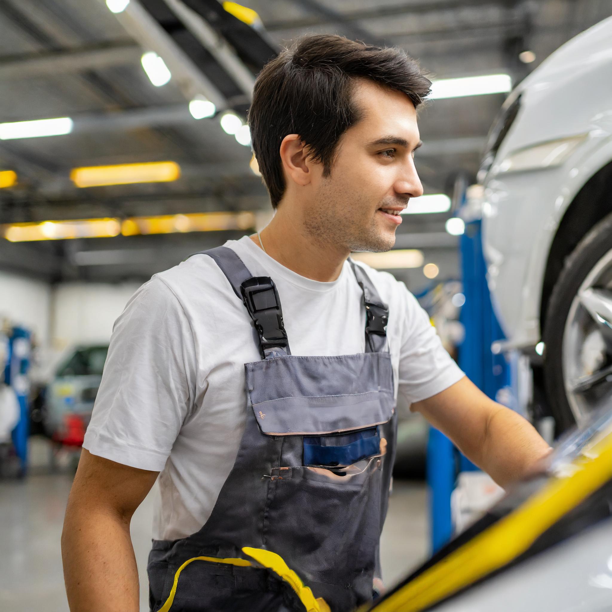 Mechaniker, der ein Auto begutachtet, bevor es zum Verkauf angeboten wird