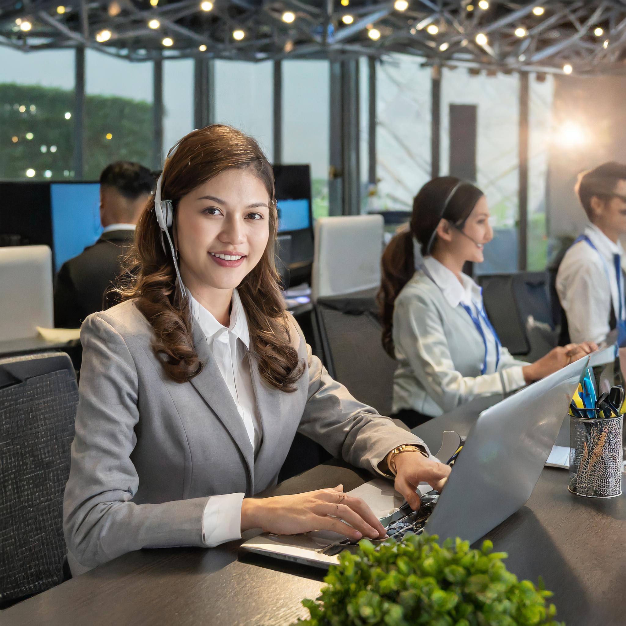 Teammitglied, das am Computer sitzt, umgeben von Marketingmaterialien