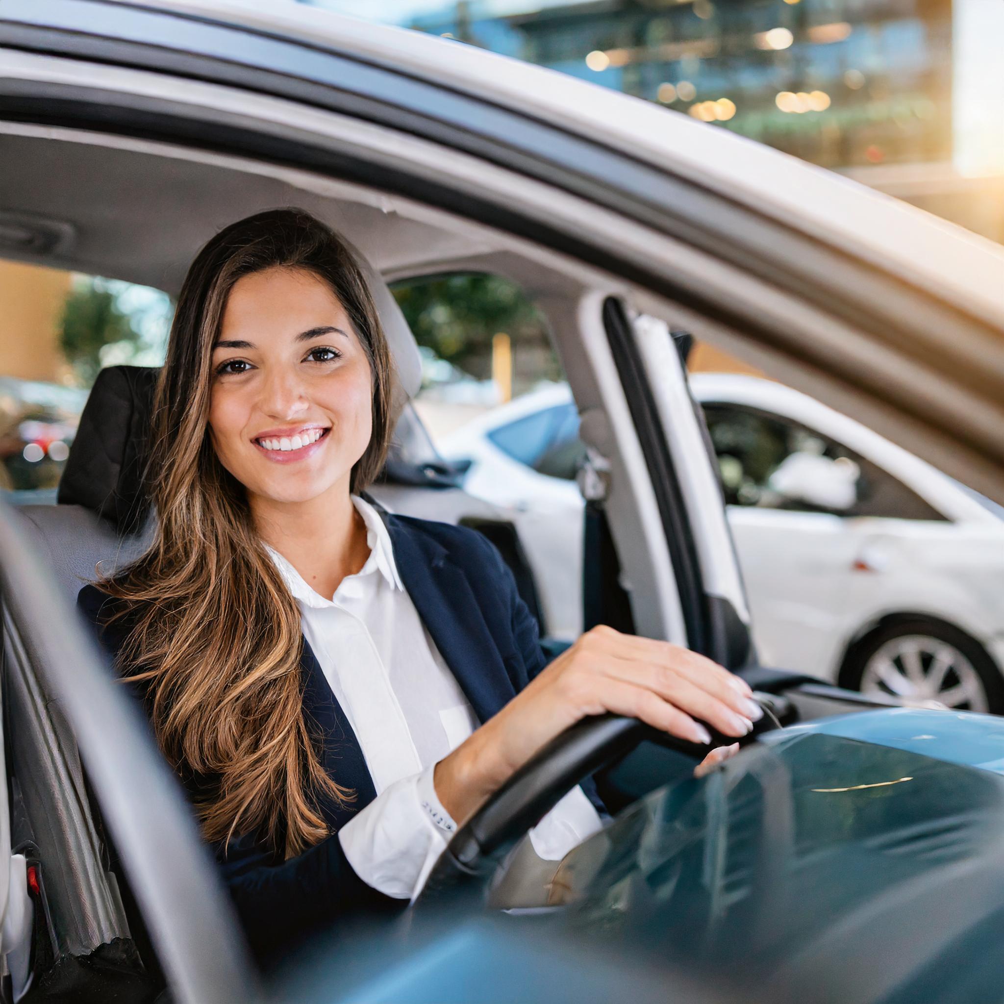 Frau, die in ein neues Auto einsteigt und dabei lächelt